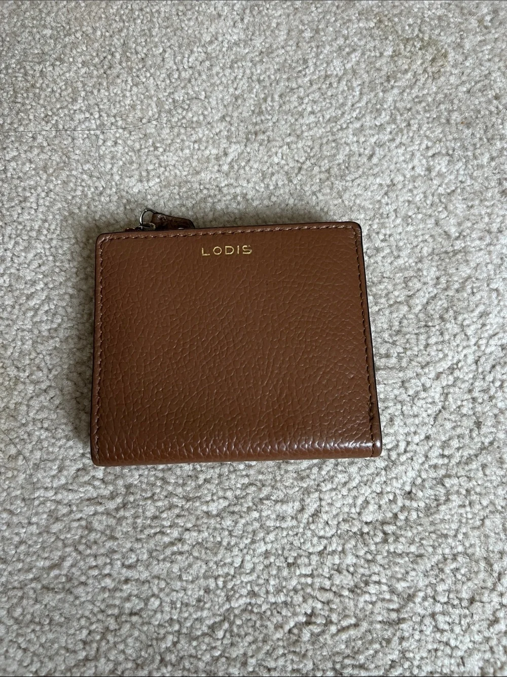 Lodis Chestnut Leather Zip Card Wallet with Gold Logo